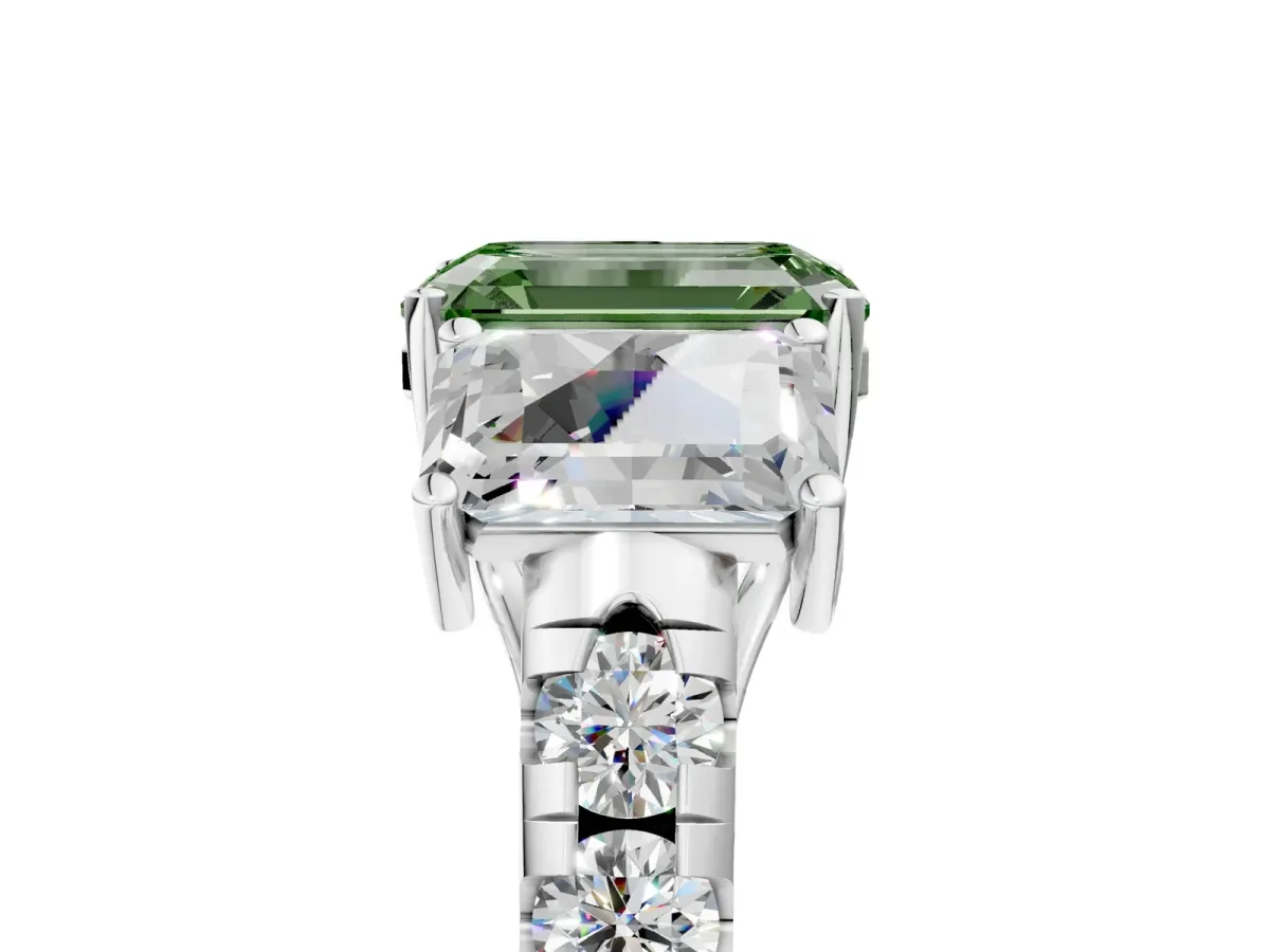 Fancy Green Three-Stone Emerald Cut Diamond Pavé Band with Prong Setting Platinum