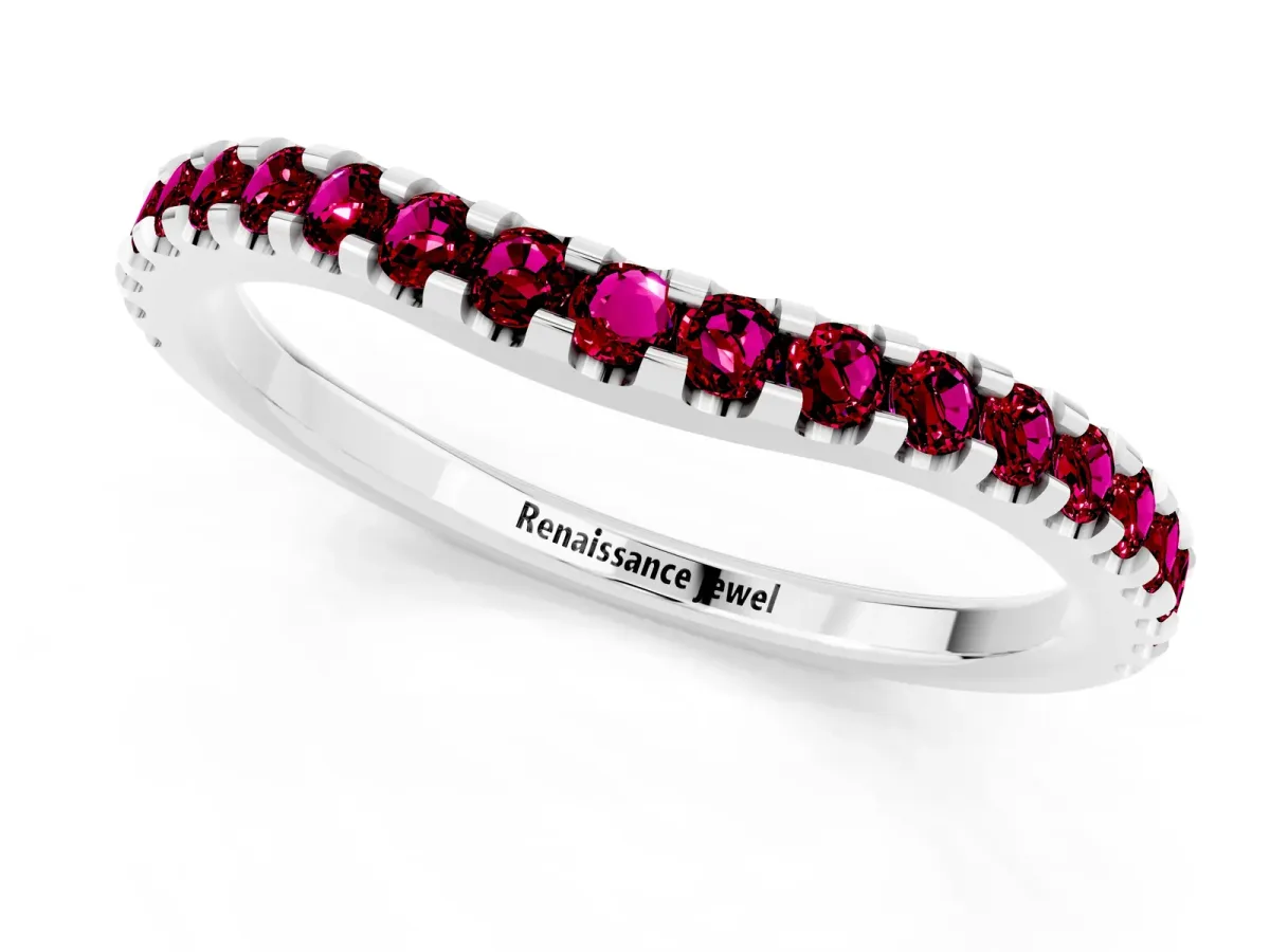 Round Garnet Pavé Curved Wedding Band Silver