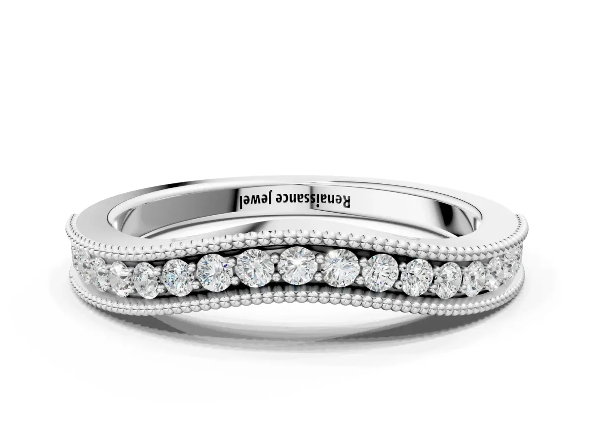 Pavé Round Diamond Contour Band with Milgrain Edge Platinum