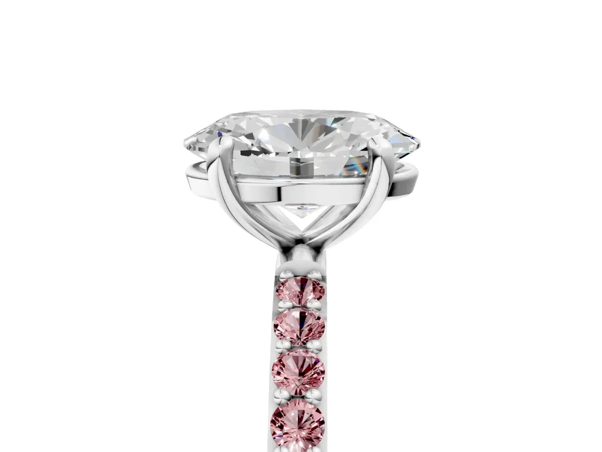Oval Cut Diamond Solitaire Ring with Round Morganite Pavé Band and Prong Setting Silver