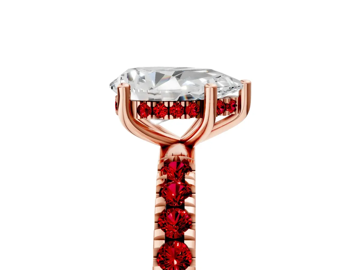 Pear Cut Diamond Pave Band Solitaire Ring with Round Ruby and Prong Setting Rose gold