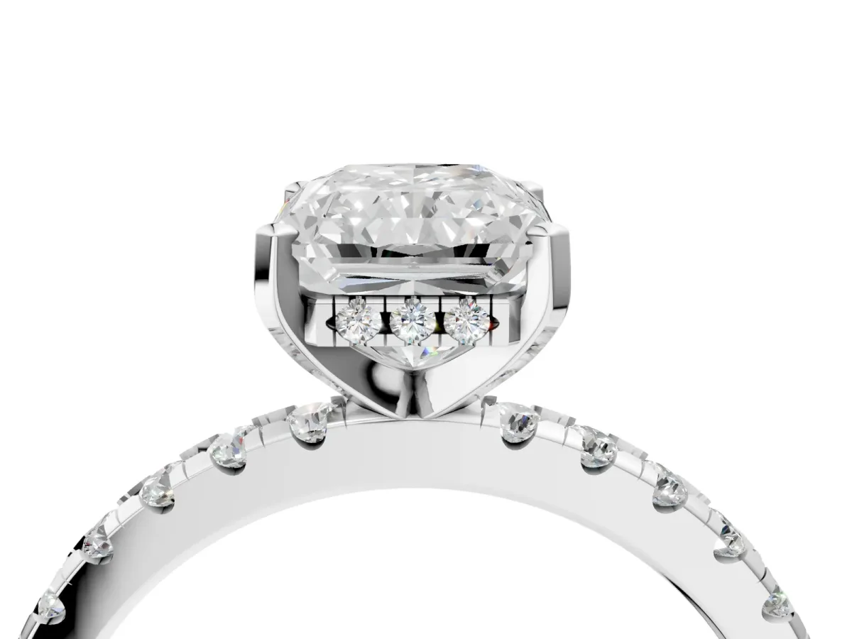 Radiant Cut Diamond Solitaire Ring with Round Pavé Band and Four-Prong Setting Silver