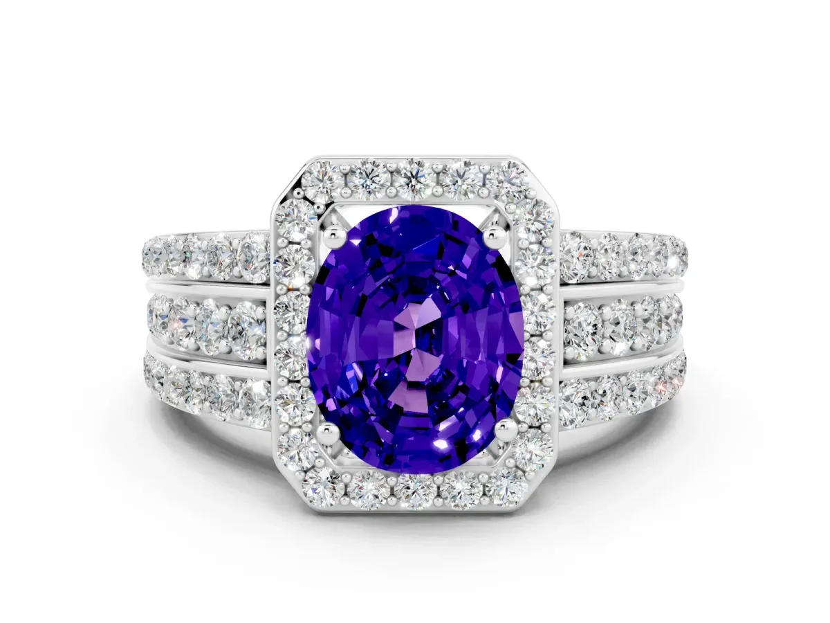 Oval Cut Halo Tanzanite Ring with Round Split Shank and Prong Setting Silver