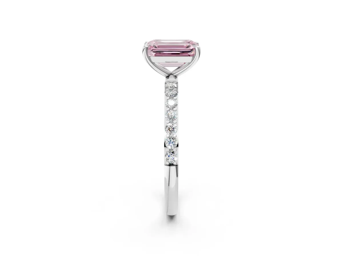 Fancy Pink Emerald Cut Diamond Solitaire Ring with Round Pavé Shoulders and Prong Setting Silver