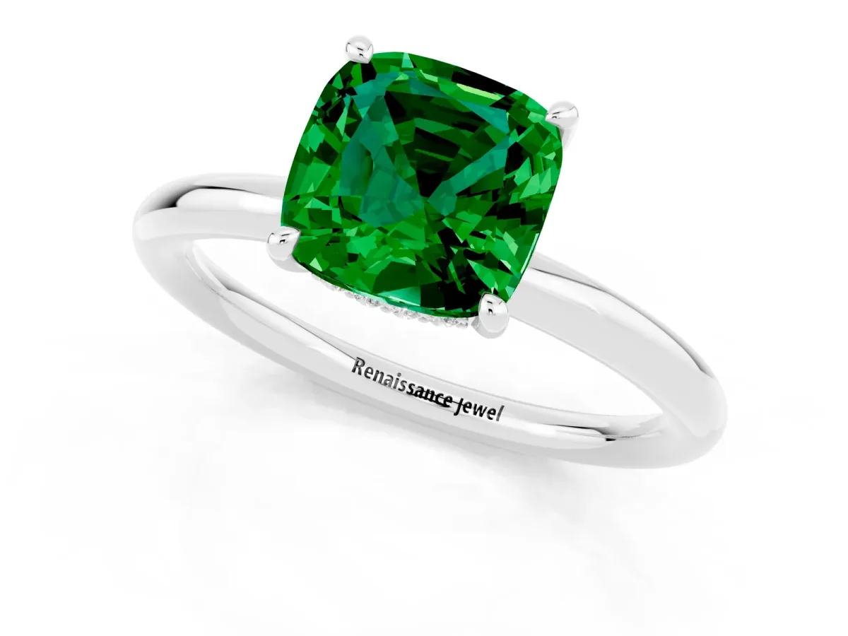 Cushion Cut Emerald Solitaire Ring with Thin Band and Four-Prong Setting Platinum