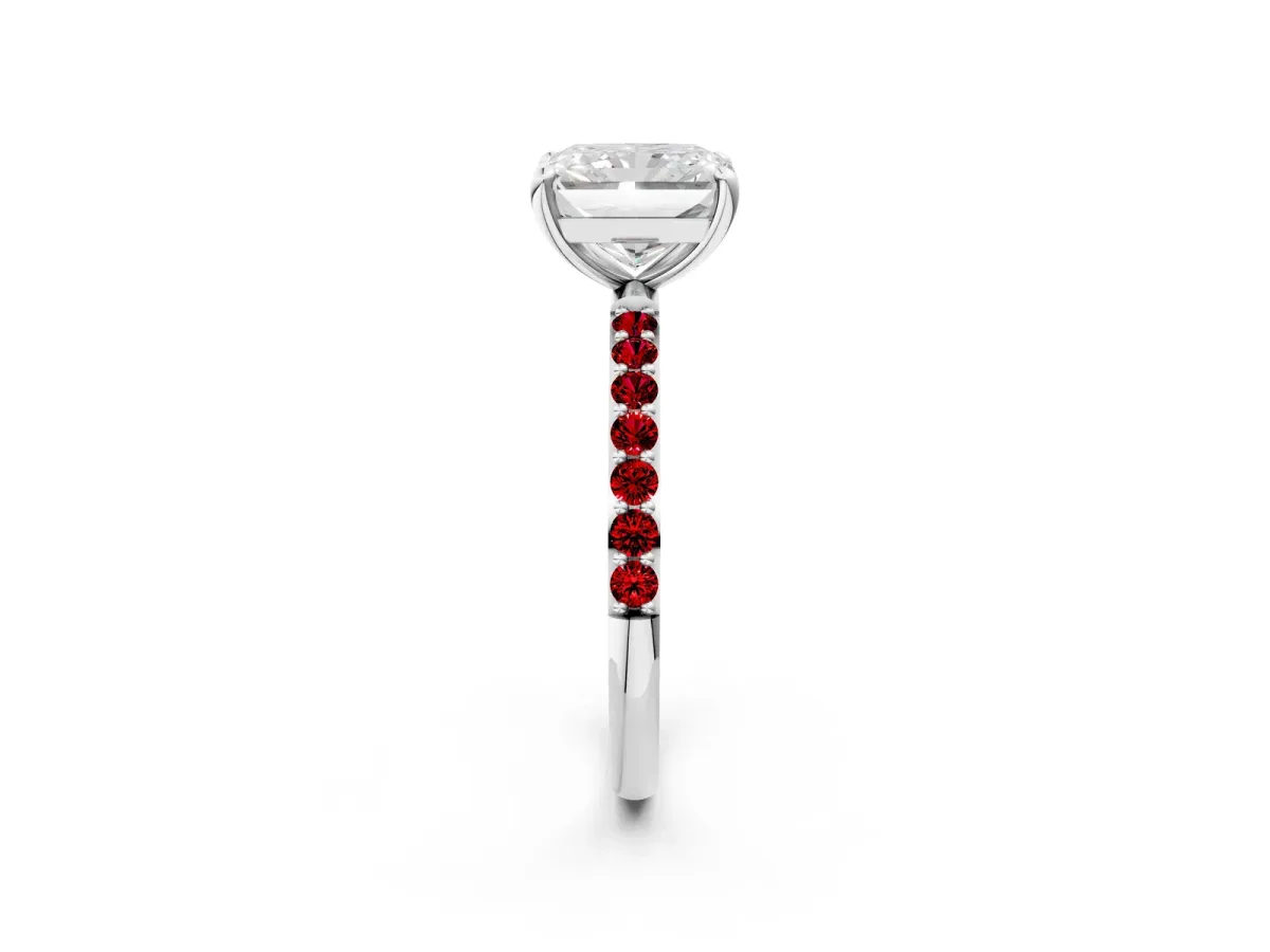 Radiant Cut Diamond Solitaire Ring with Round Ruby Pavé Band and Prong Setting Silver