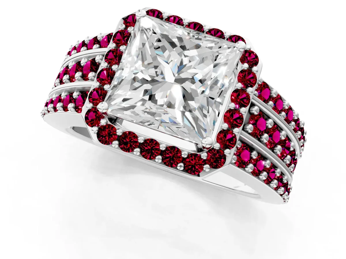 Princess Cut Halo Diamond Ring with Round Garnet Split Shank and Prong Setting Silver