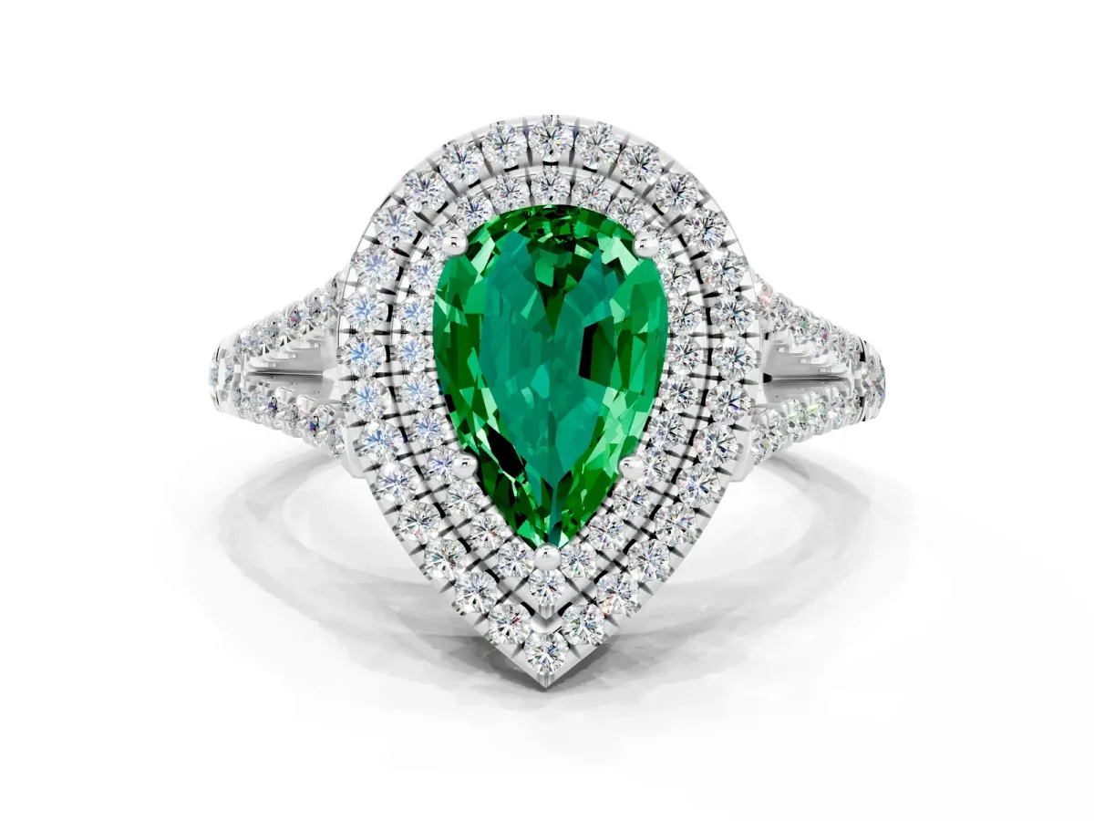 Pear Cut Emerald Double Halo Ring with Pavé Band and Prong Setting Silver