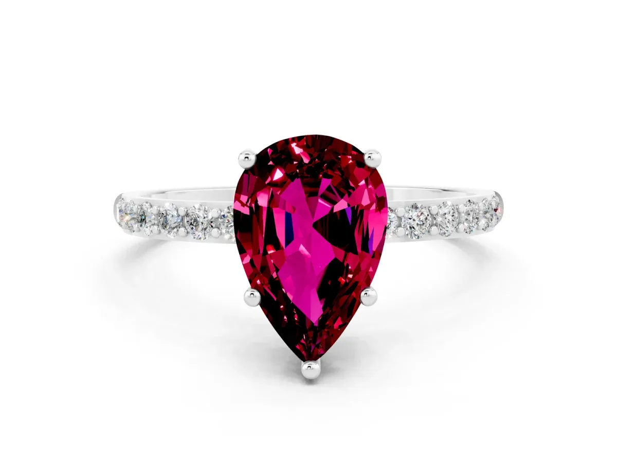 Pear Cut Garnet Solitaire Ring with Round Pavé Band and Prong Setting Silver