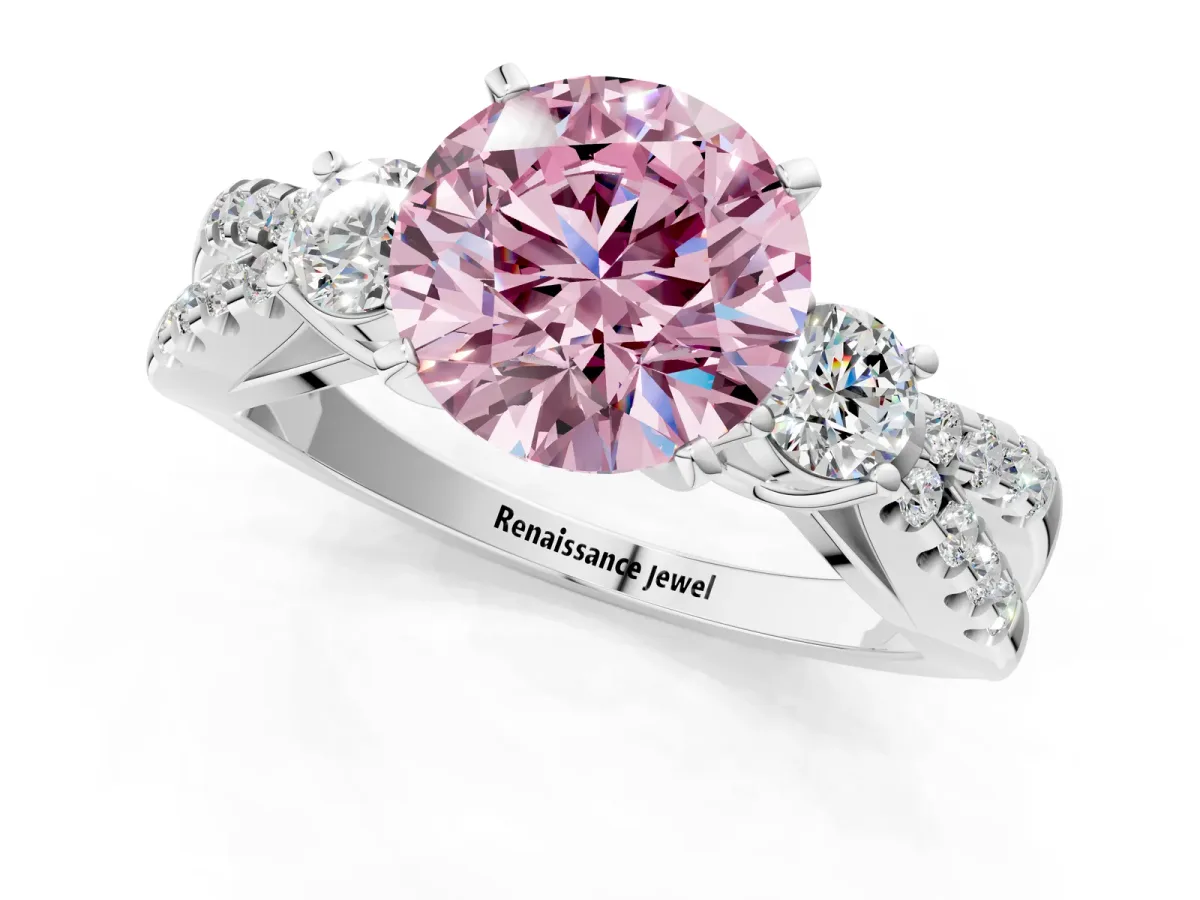 Fancy Pink Round Cut Diamond Three-Stone Ring with Pavé Split Shank and Four-Prong Setting Silver