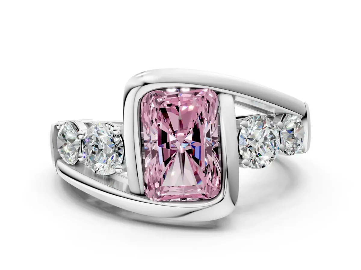 Fancy Pink Bezel Set Radiant Cut Diamond Bypass Ring with Round Accents Silver