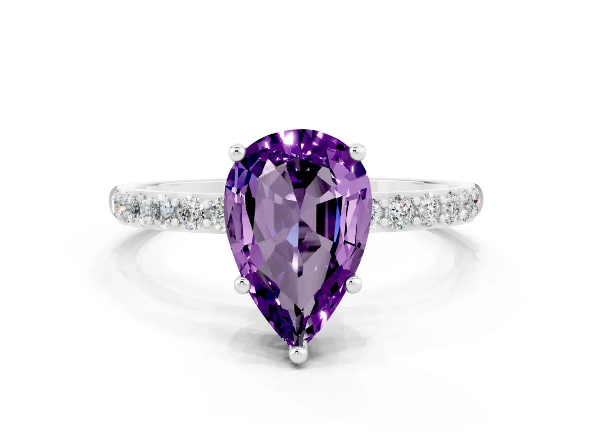 Pear Cut Amethyst Solitaire Ring with Round Pavé Band and Prong Setting Platinum