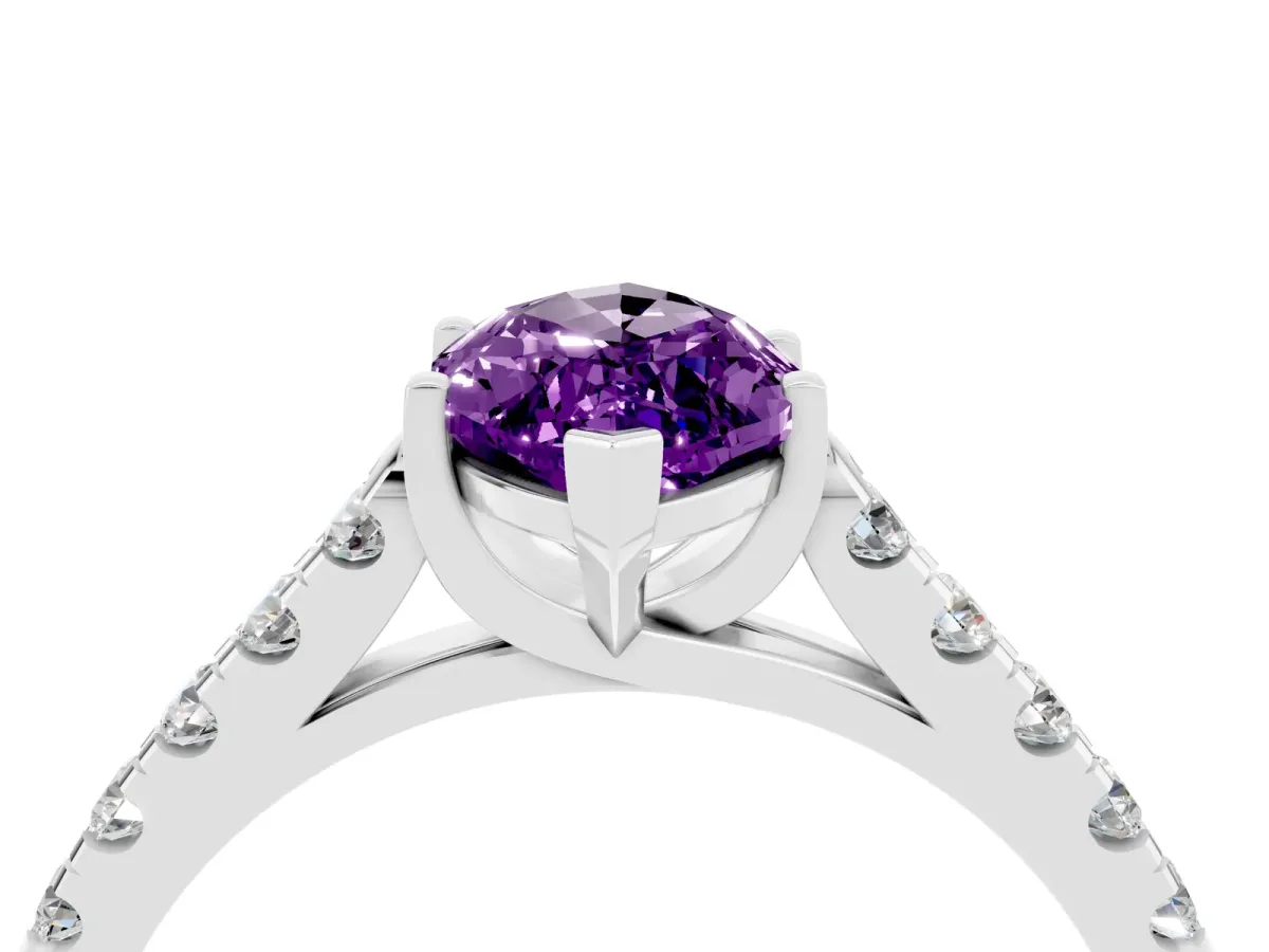 Marquise Cut Amethyst Pavé Band Solitaire Ring with Prong Setting Silver