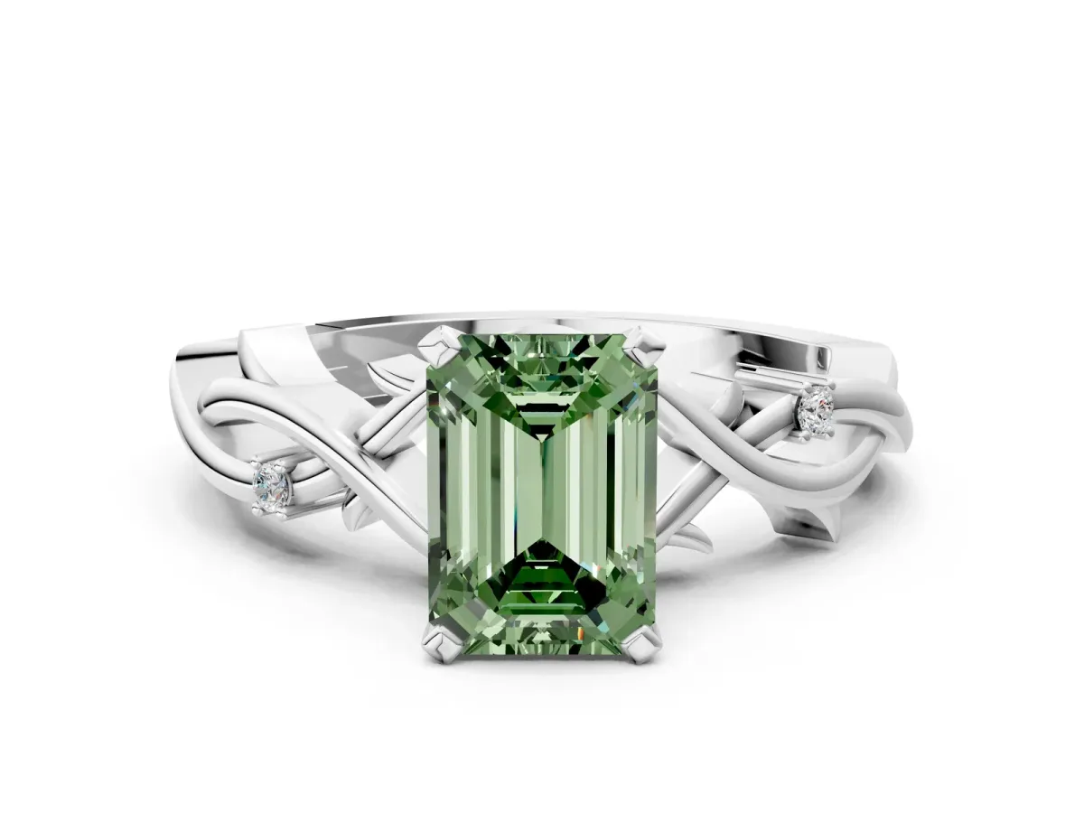 Fancy Green Emerald Cut Diamond Solitaire Ring with Twisted Band and Prong Setting Silver