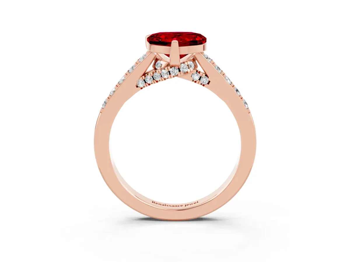 Heart Cut Ruby Solitaire Ring with Crossover Gallery and Round Pavé Band Rose gold