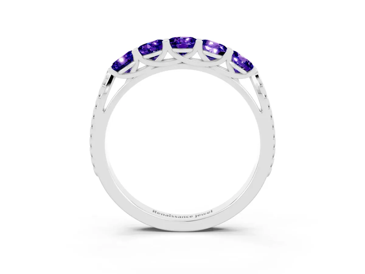 Five-Stone Round Tanzanite Prong-Set Band Silver