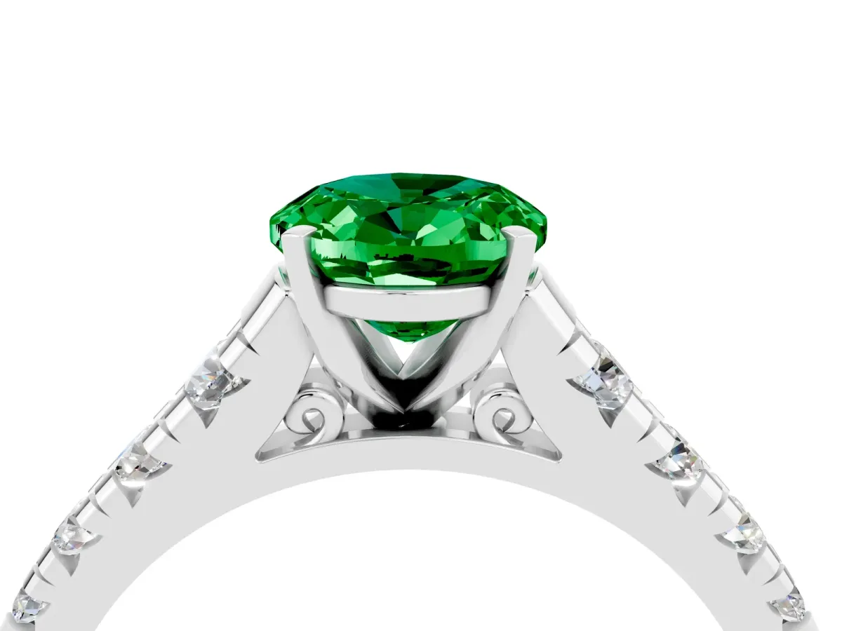 Oval Cut Emerald Cathedral Solitaire Ring with Round Pavé Band Platinum