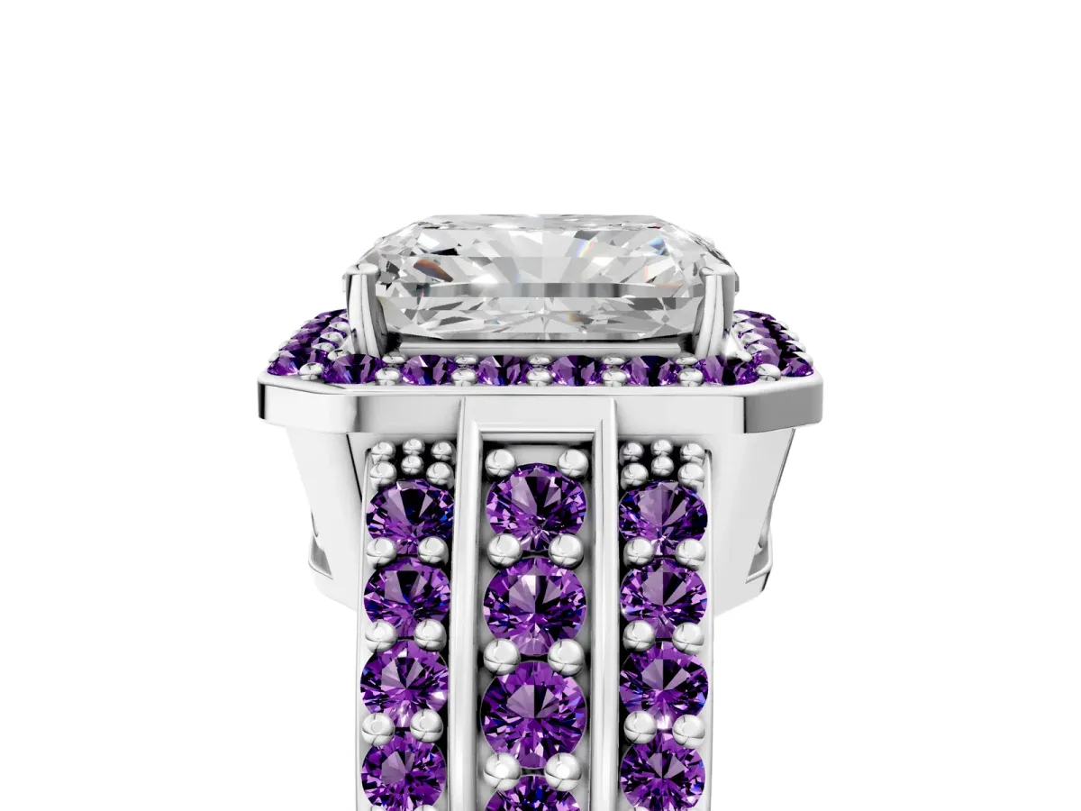 Radiant Cut Halo Diamond Ring with Round Amethyst Split Shank and Prong Setting Silver