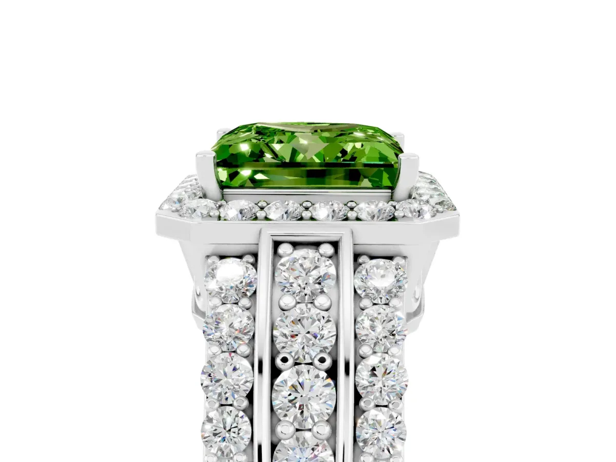 Princess Cut Halo Peridot Ring with Round Split Shank and Prong Setting Silver
