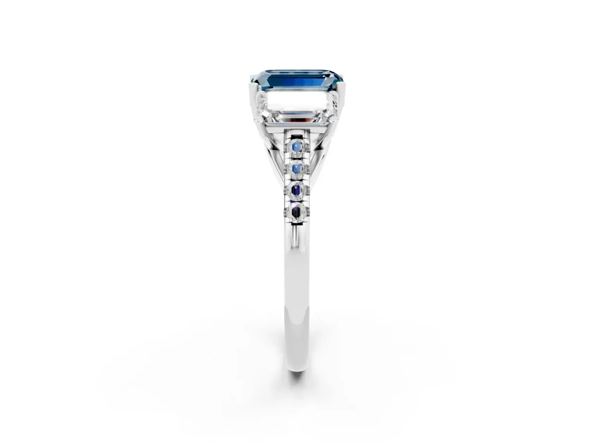 Three-Stone Emerald Cut Aquamarine Ring with Round Pavé Band and Prong Setting Silver