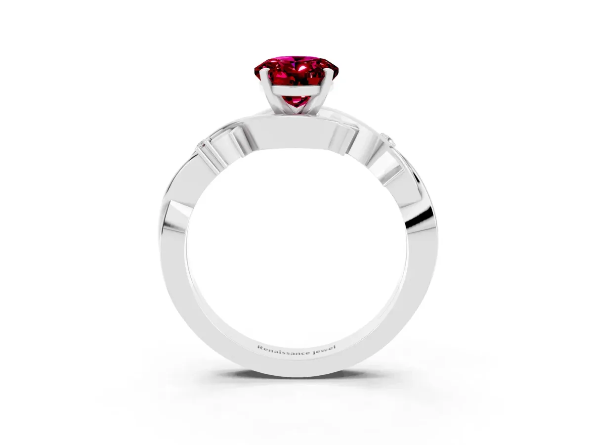 Oval Cut Garnet Solitaire Ring with Twisted Band and Prong Setting Platinum
