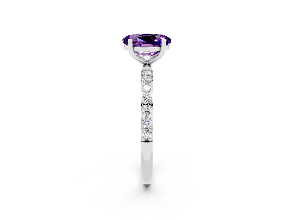 Oval Cut Amethyst Solitaire Ring with Round Pavé Band and Prong Setting Platinum