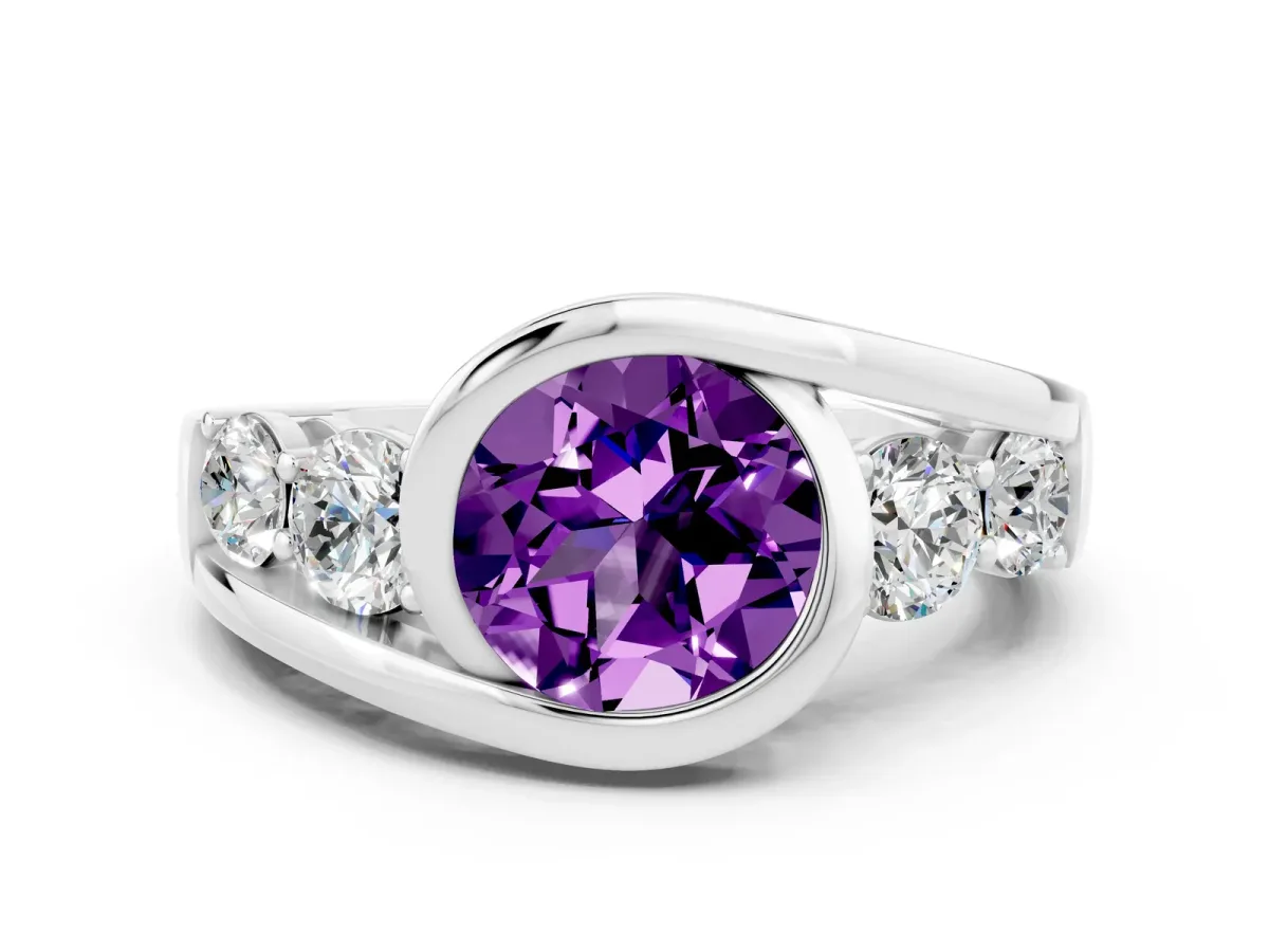 Bezel Set Round Cut Amethyst Bypass Ring with Round Accents Silver
