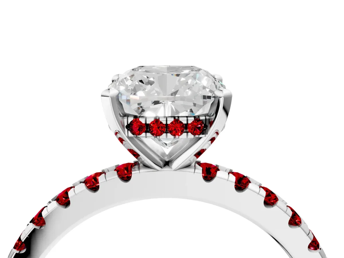 Cushion Cut Diamond Solitaire Ring with Round Ruby Pavé Band and Four-Prong Setting Silver