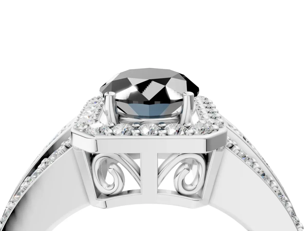 Fancy Black Oval Cut Halo Diamond Ring with Round Split Shank and Prong Setting Silver