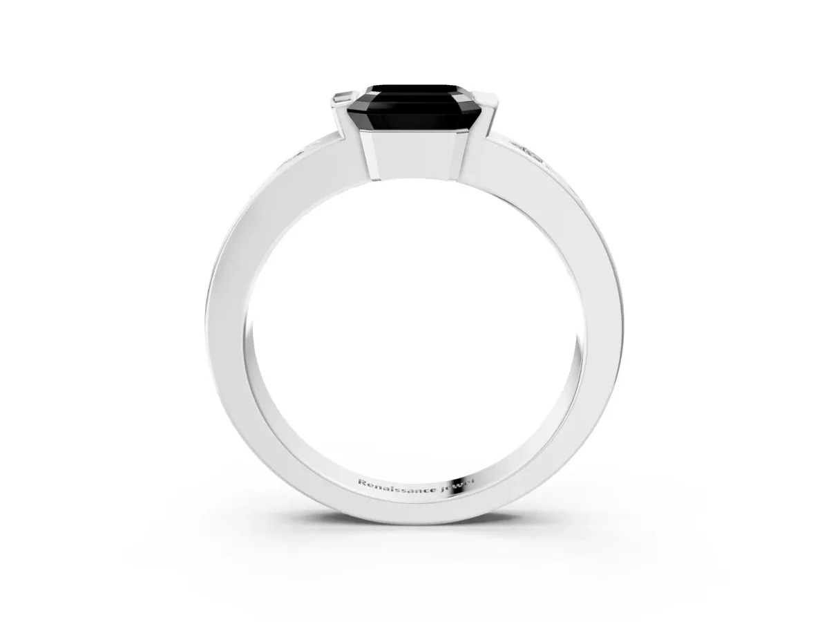 Fancy Black Asscher Cut Brilliant Channel-Set Diamond Ring with Bezel Prong Setting Platinum