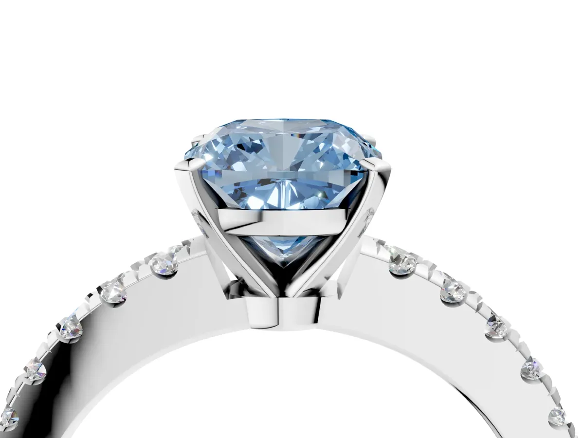 Fancy Blue Cushion Cut Solitaire Diamond with Pavé Band and Four-Prong Setting Silver