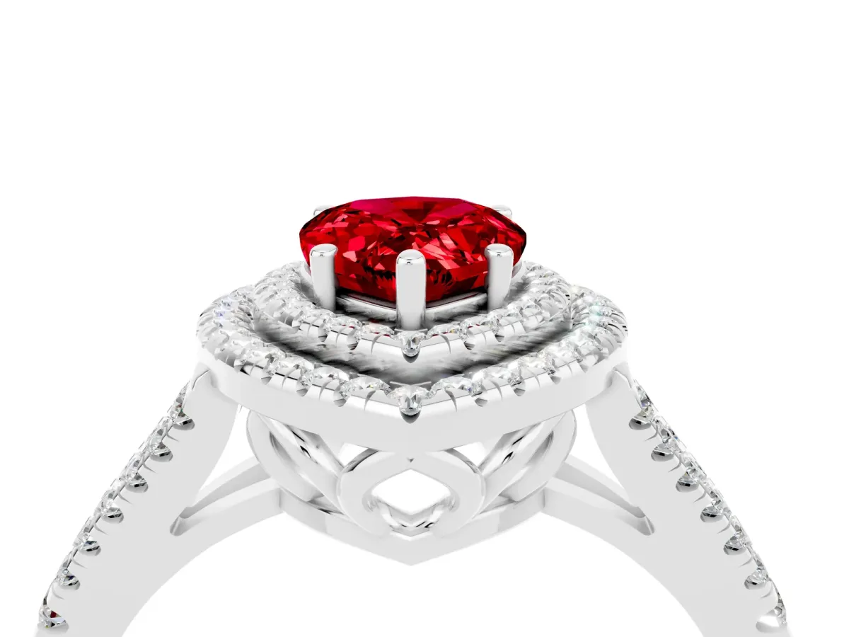 Pear Cut Ruby Double Halo Ring with Pavé Band and Prong Setting Silver