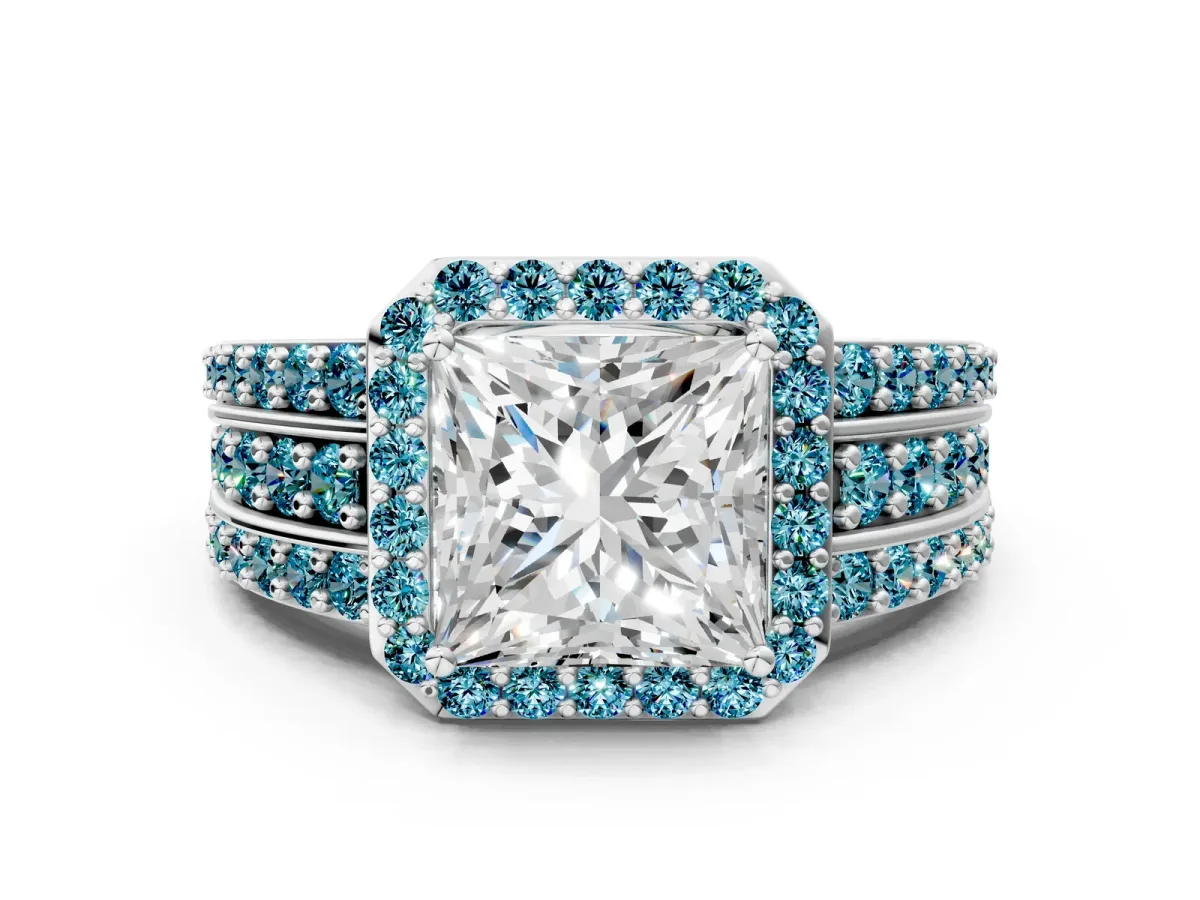 Princess Cut Halo Diamond Ring with Round Blue Topaz Split Shank and Prong Setting Silver