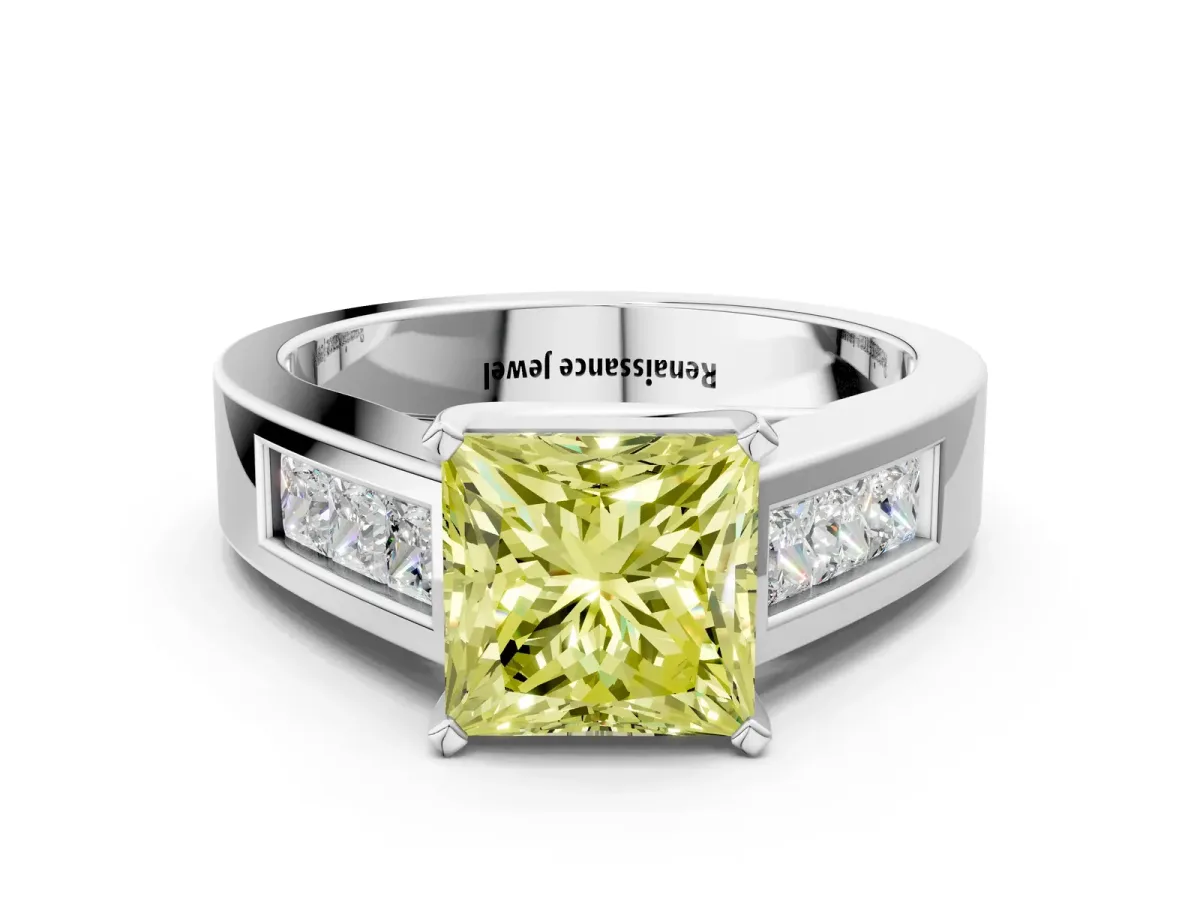 Fancy Yellow Princess Cut Cut Channel Set Solitaire Ring with Four-Prong Setting Silver