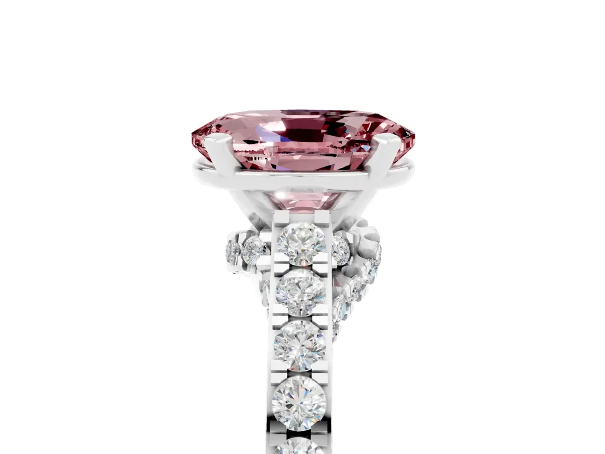 Oval Cut Morganite Solitaire Ring with Crossover Gallery and Round Pavé Band Silver