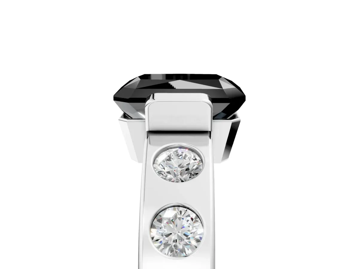 Fancy Black Radiant Cut Brilliant Channel-Set Diamond Ring with Bezel Prong Setting Platinum