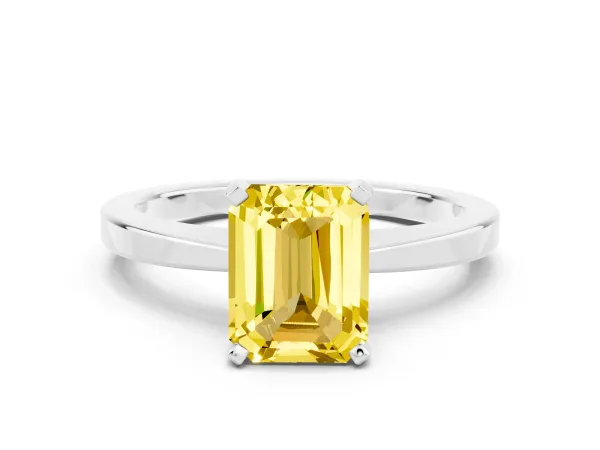 Emerald Cut Yellow Sapphire Solitaire Engagement Ring with Classic Band and Four-Prong Setting Silver