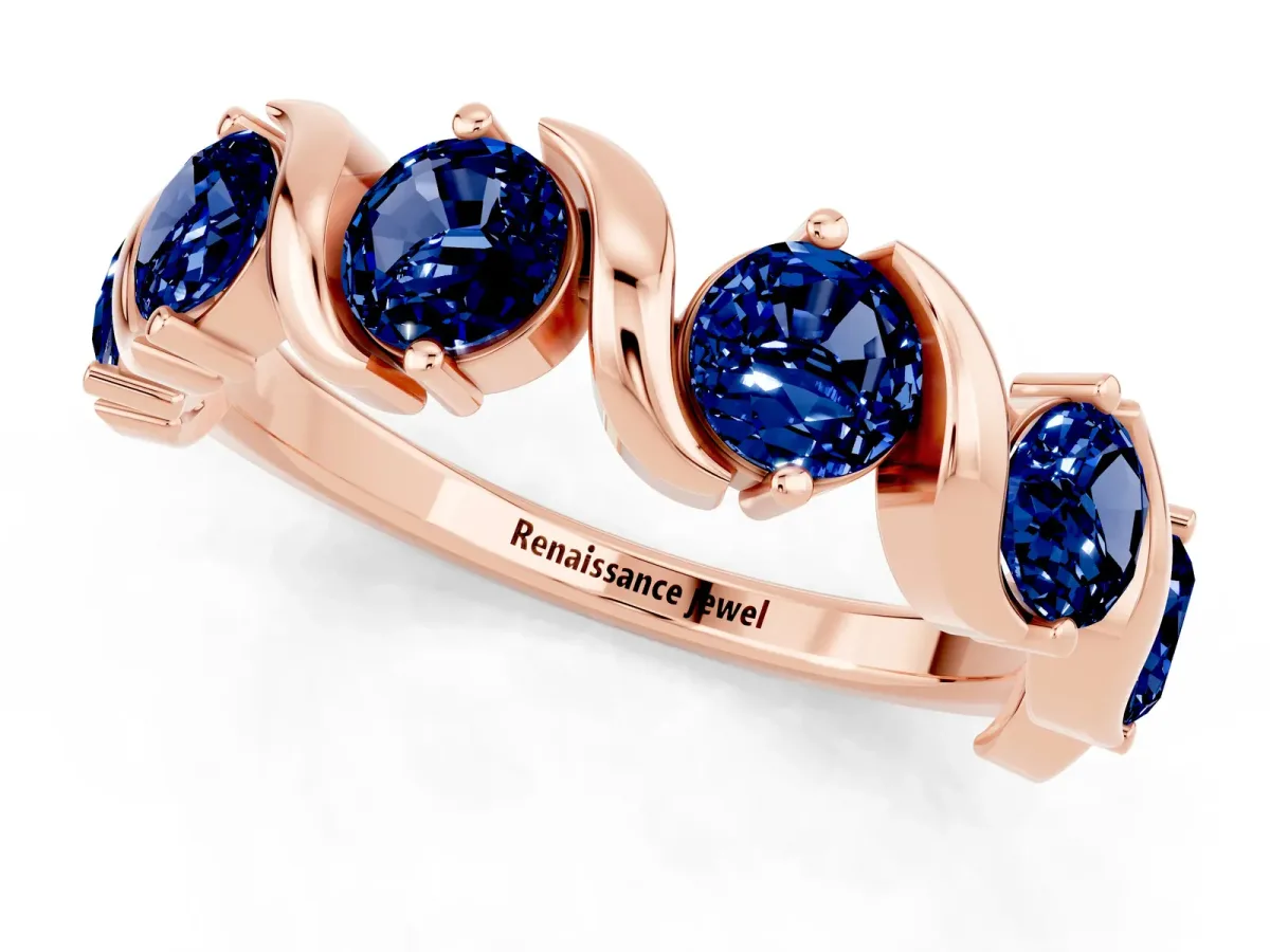 Round Blue Sapphire Half Eternity Band with Wave Prong Setting Rose gold