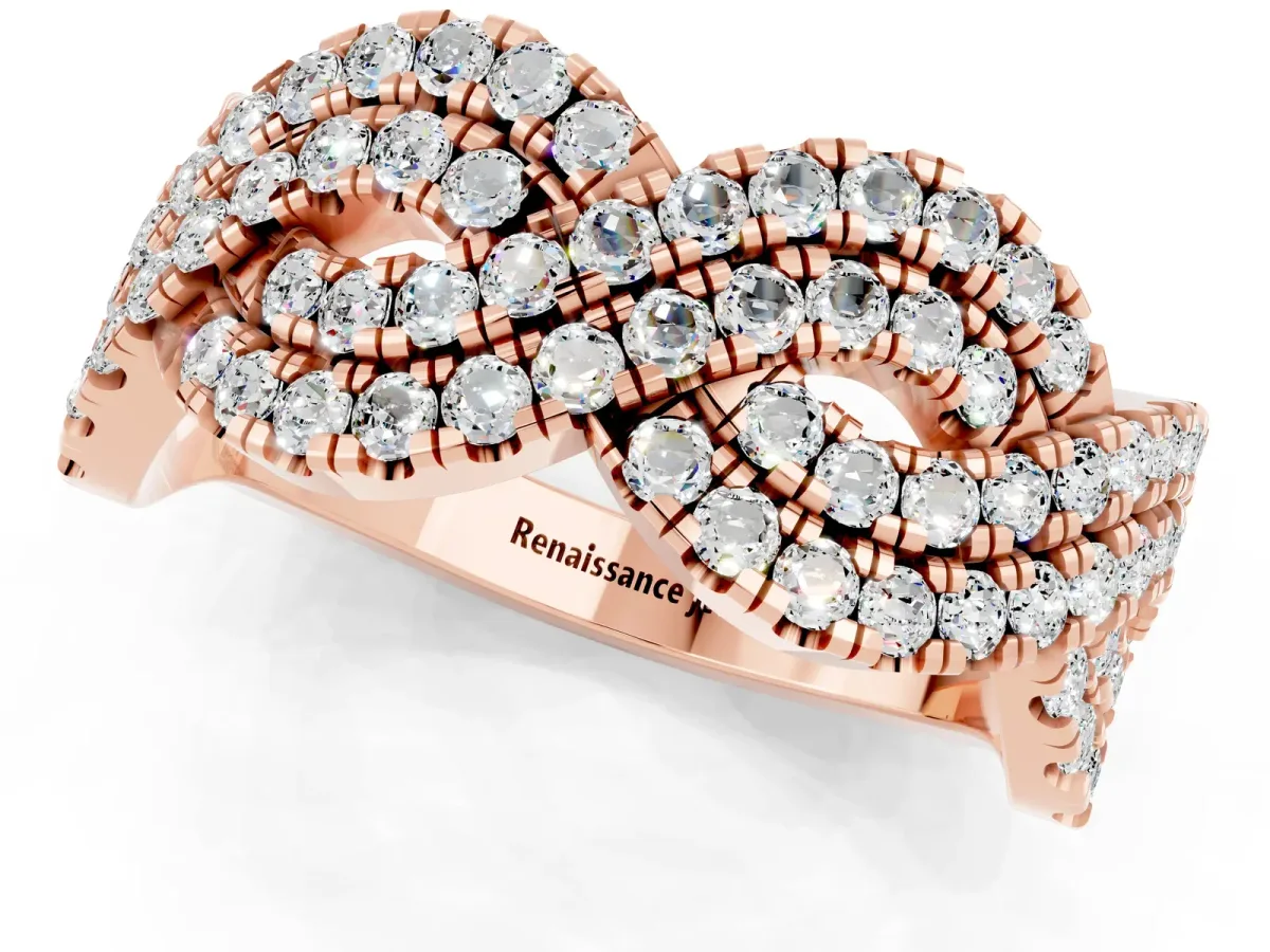 Pavé Round Moissanite Infinity Twist Band with Shared Prong Setting Rose gold