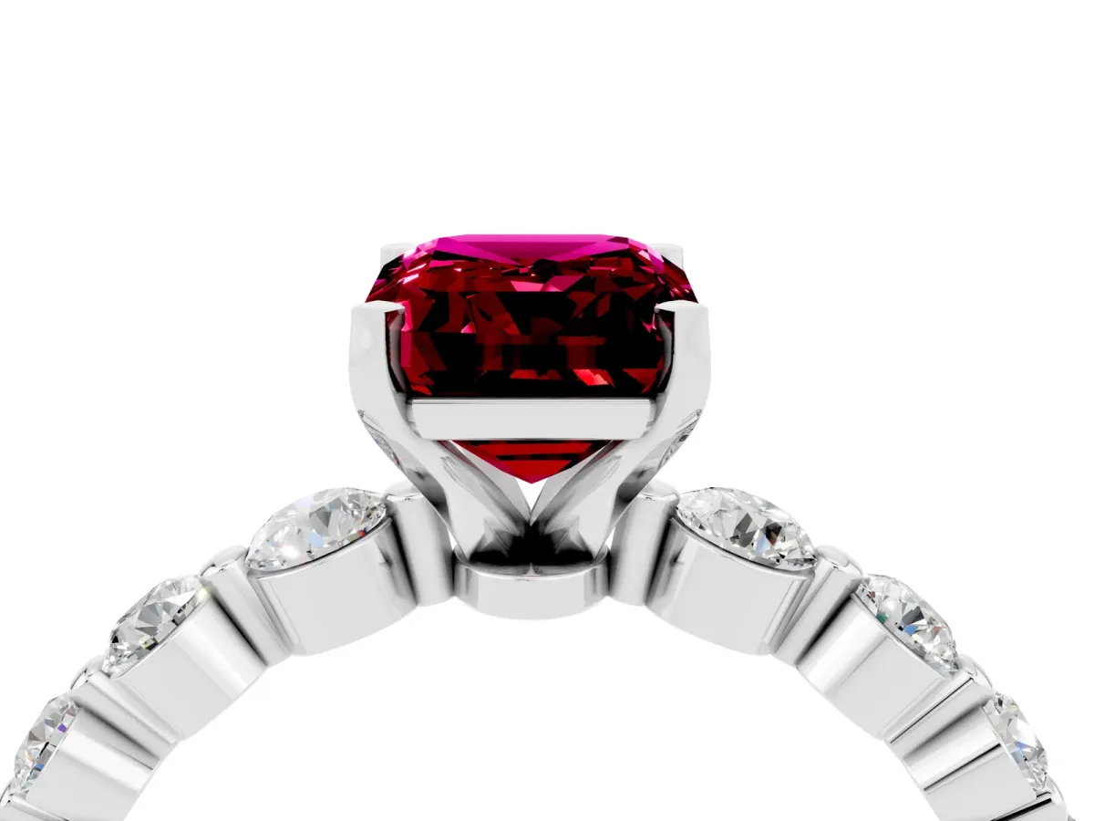 Emerald Cut Solitaire Garnet Ring with Pave Band and Four-Prong Setting Platinum