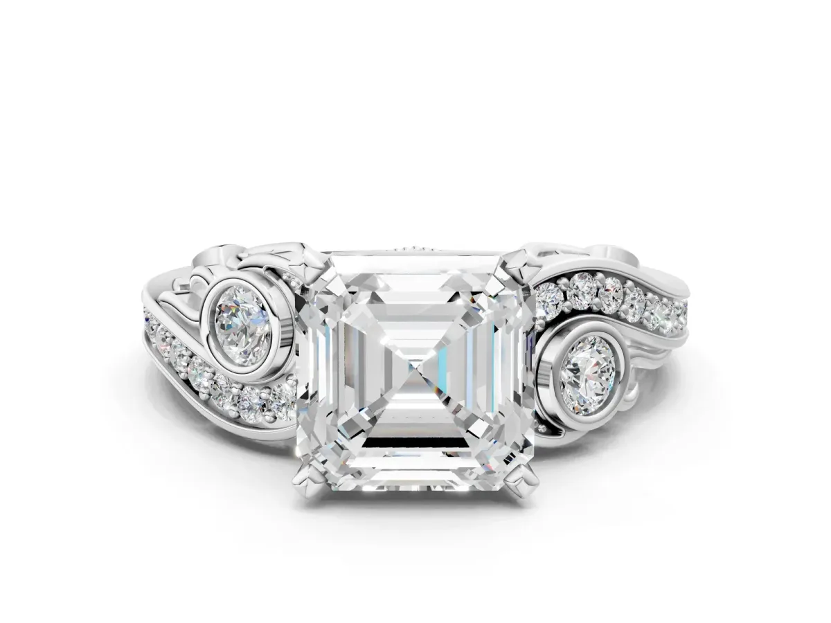 Asscher Cut Diamond Solitaire Ring with Milgrain Pavé Band and Four-Prong Setting Silver