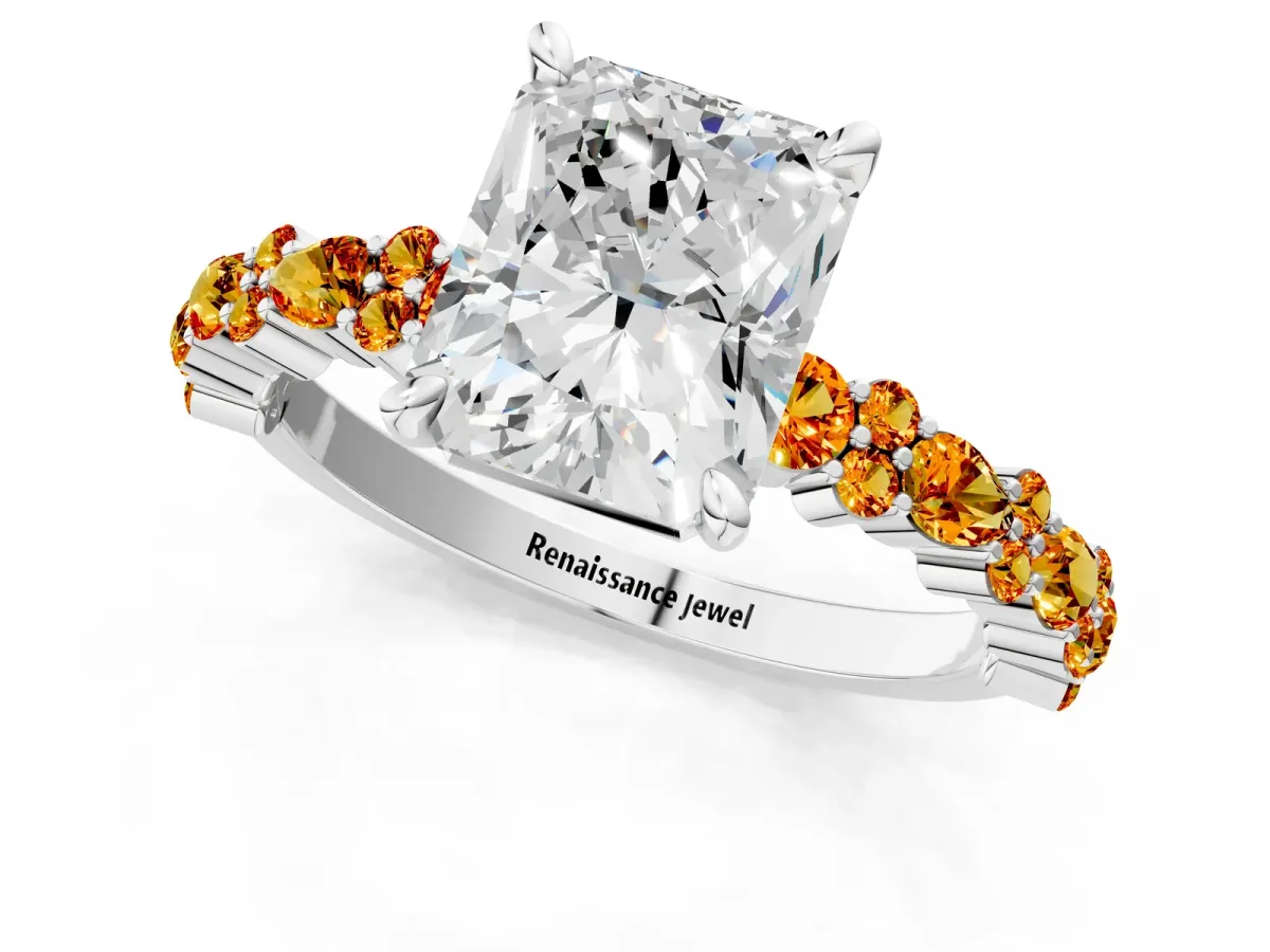 Radiant Cut Diamond Side Stone Solitaire Ring with Round Citrine and Four-Prong Setting Platinum