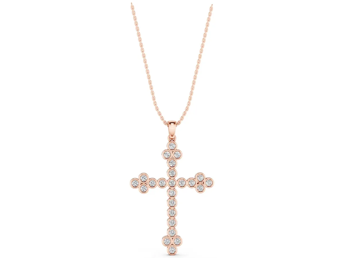 Round Diamond Bezel Set Cross Pendant Rose gold