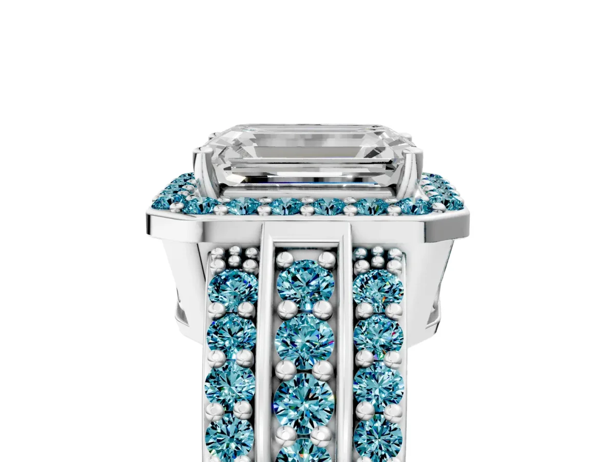 Emerald Cut Halo Diamond Ring with Round Blue Topaz Split Shank and Prong Setting Platinum
