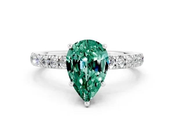 Pear Cut Green Sapphire Pave Band Solitaire Ring with Round and Prong Setting White gold