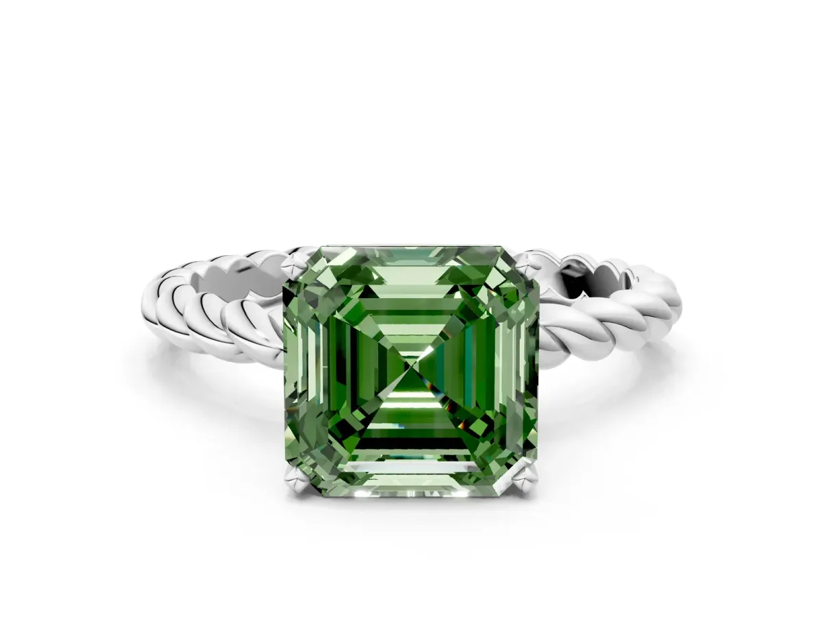 Fancy Green Asscher Cut Cut Solitaire Twisted Band with Four-Prong Setting Platinum