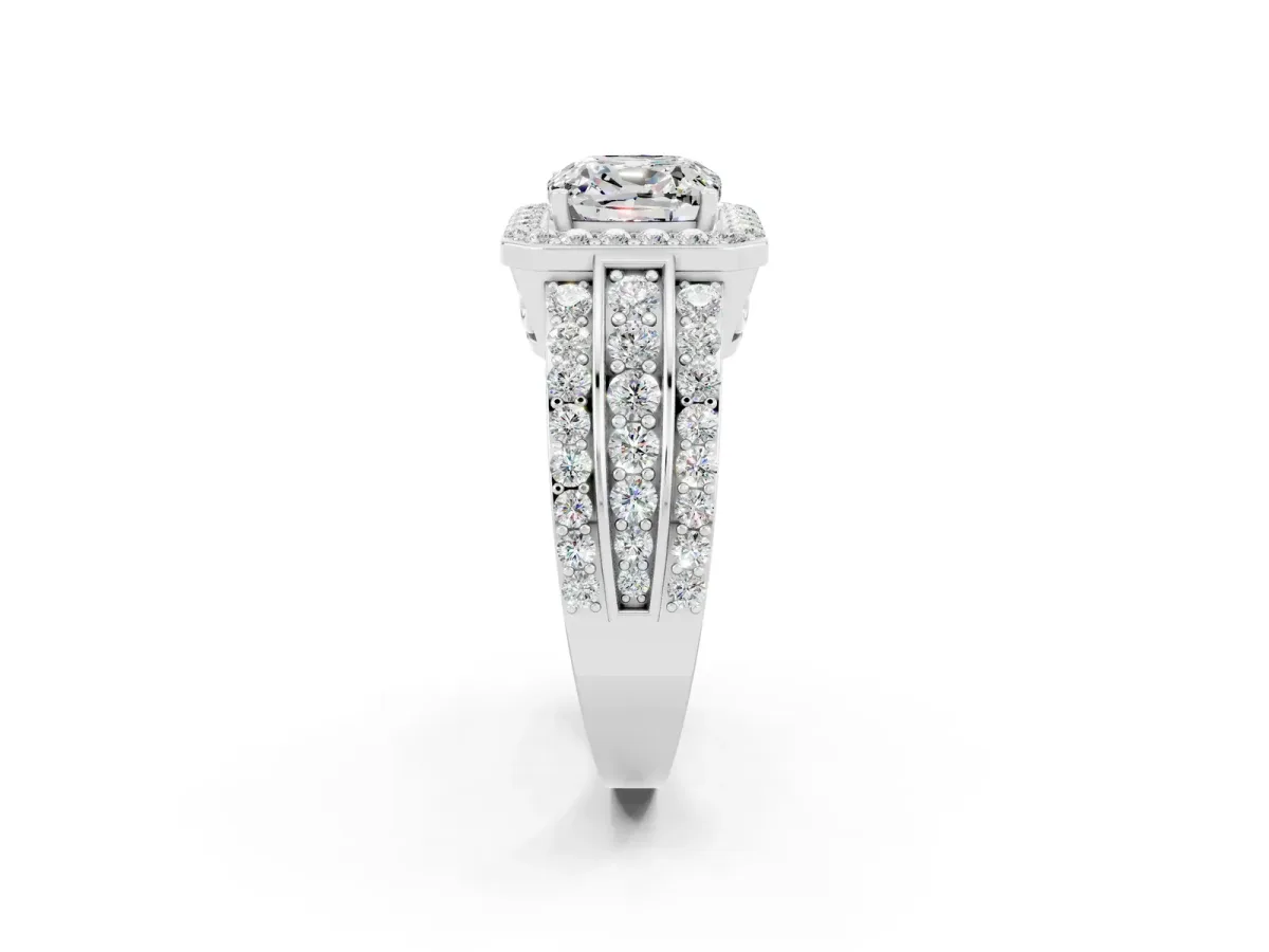 Cushion Cut Halo Moissanite Ring with Round Split Shank and Prong Setting Platinum