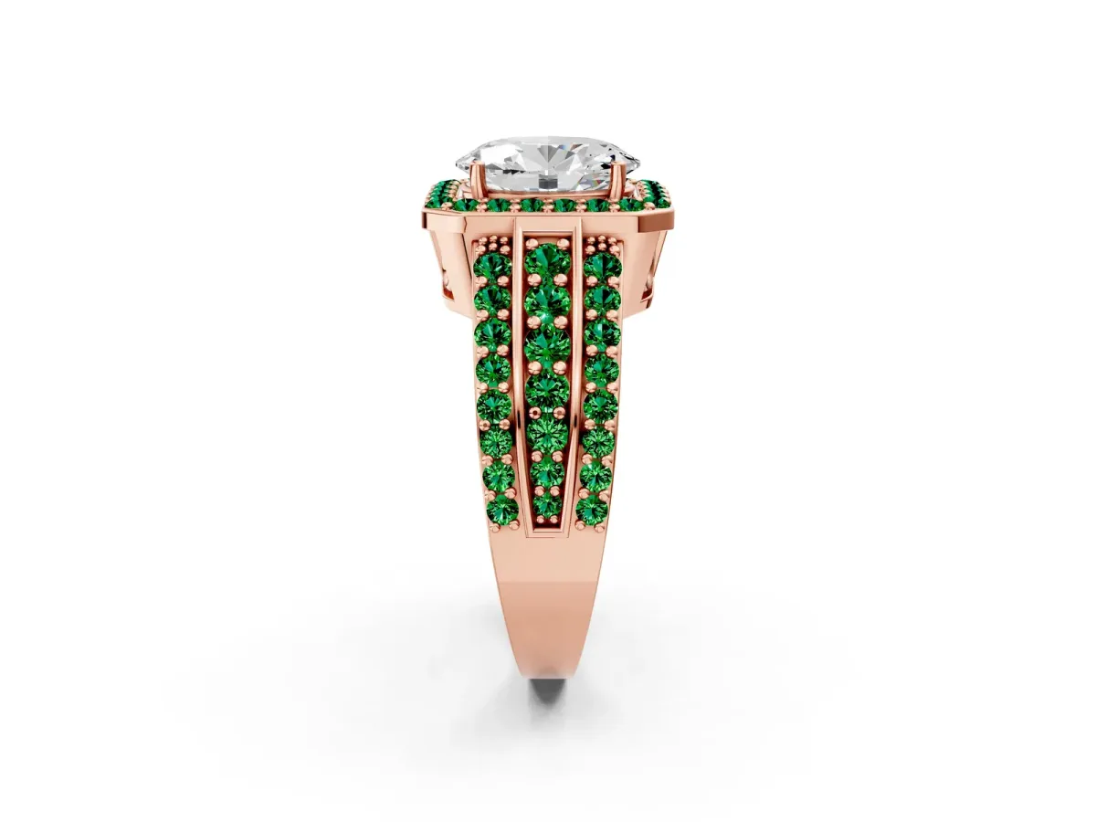 Oval Cut Halo Diamond Ring with Round Emerald Split Shank and Prong Setting Rose gold