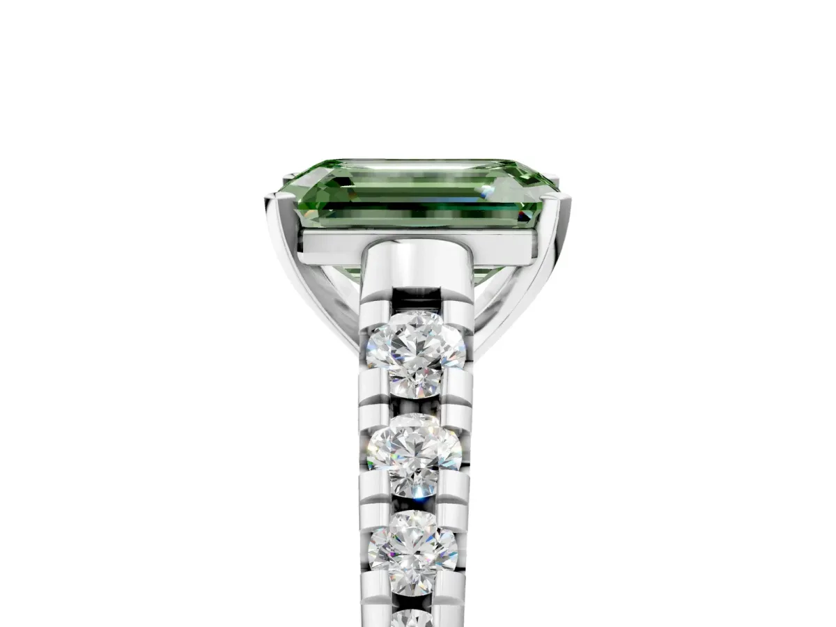 Fancy Green Emerald Cut Diamond Cathedral Solitaire Ring with Round Pavé Band Platinum