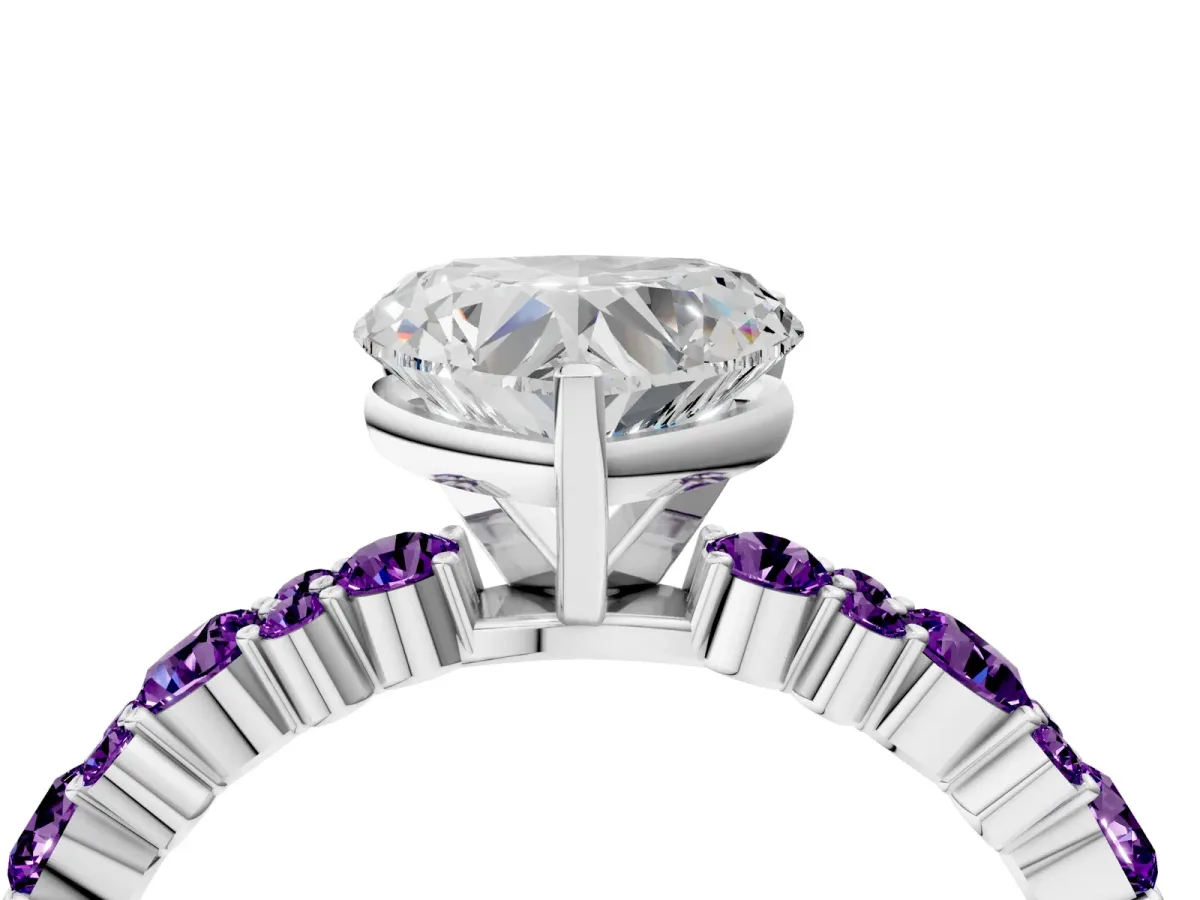 Heart Cut Diamond Side Stone Solitaire Ring with Round Amethyst and Four-Prong Setting Silver
